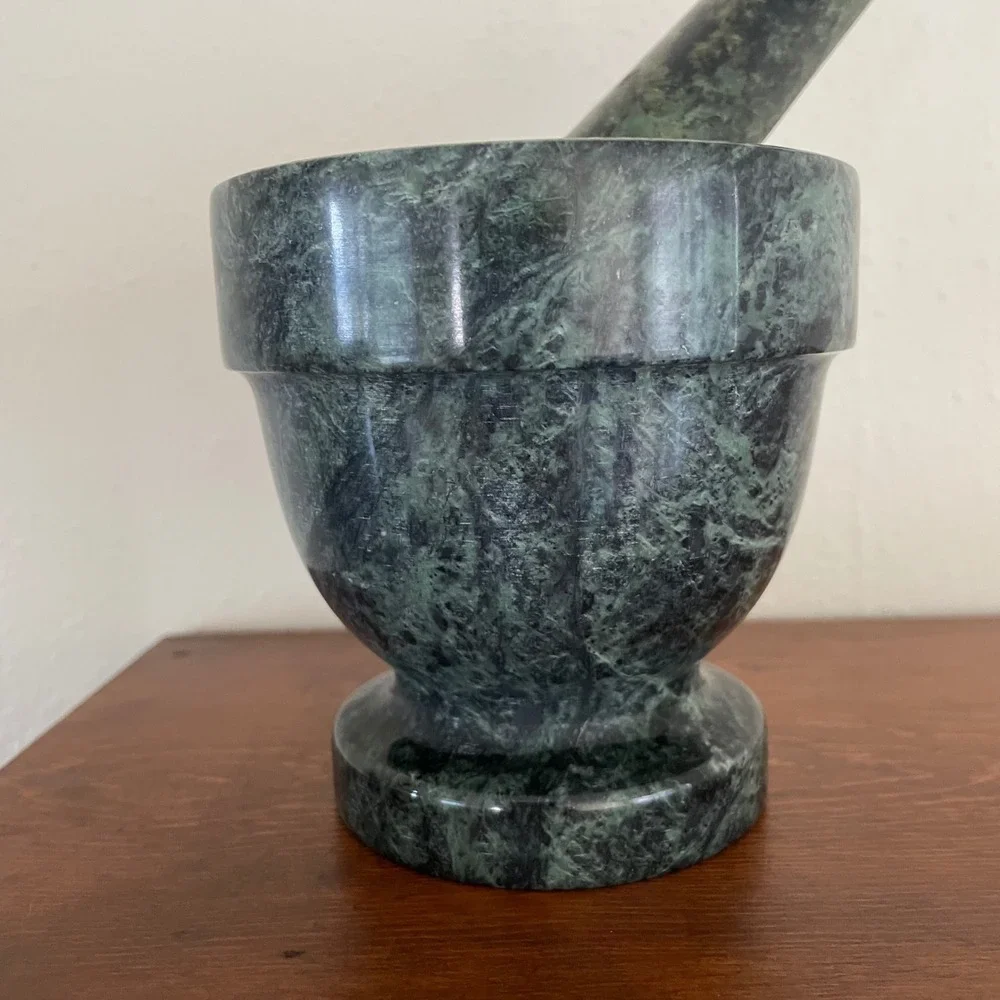 Vintage Natural Green Marble Mortar & Pestle Spice Herb FootedGrinder